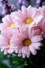 Closeup of pink flowers with water droplets