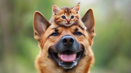 Fototapeta premium Playful mixed breed dog with kitten on head, showcasing heartwarming animal friendship