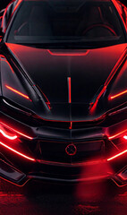 A sleek and futuristic luxury car showcased at night, illuminated by modern LED headlights and set against a dark, moody backdrop.