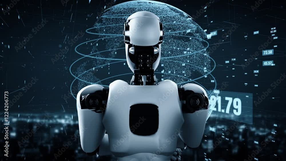Poster futuristic robot artificial intelligence huminoid ai data analytic technology development and machin