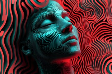 Naklejka premium Abstract Surreal Portrait with Vibrant Red and Teal Swirling Patterns