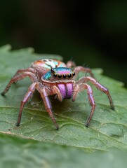 Fototapeta premium Closeup of a vibrant iridescent jumping spider on a leaf