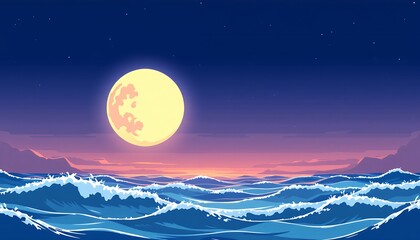 Serene Night Seascape: Full Moon over Ocean Waves