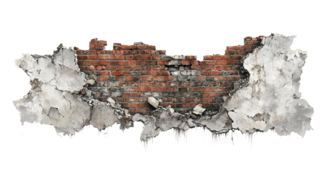 A segment of an old brick wall showing significant damage and deterioration with crumbling plaster and exposed brickwork.
