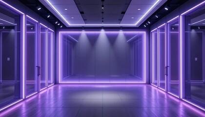 Fototapeta premium Modern hallway with purple neon lighting and glass doors