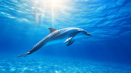 Naklejka premium A diver swims side by side with a dolphin under the clear blue sea, sunlight penetrates the surface of the water, Ai generated images