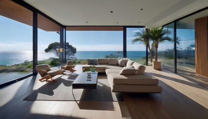 Fototapeta premium Modern oceanfront home with a sleek interior. Floor-to-ceiling windows showcase panoramic coastal views, blending luxurious living with natural beauty. Contemporary furniture complements the clean