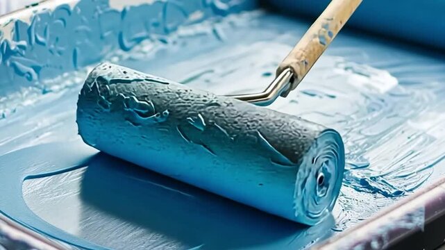Blue Paint Roller: A close-up shot of a blue paint roller immersed in a tray of vibrant blue paint, ready to transform surfaces with a fresh coat.