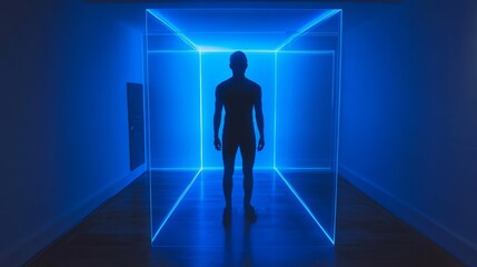 A man stands in a room with blue walls and blue lights