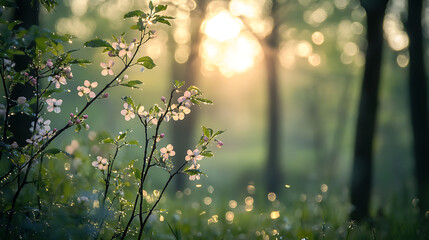 A lush forest with new blossoms and dewdrops glistening in the early morning (1)