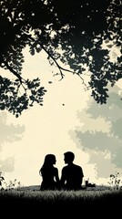 Romantic Couple Silhouette at a Park Picnic: A Peaceful and Serene Summer Evening