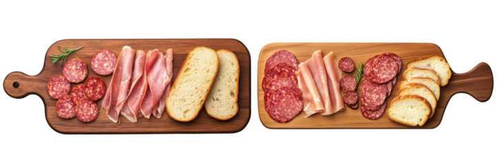 Two wooden charcuterie boards featuring an assortment of cured meats, including salami and prosciutto, accompanied by slices of fresh bread.