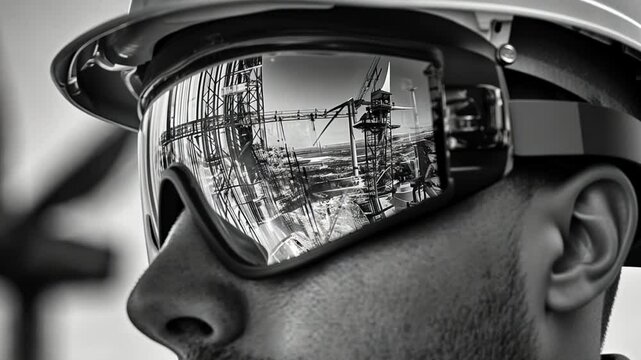 Oil Rig Reflection: Close-up black and white portrait of an oil worker's face, with the reflection of an offshore oil rig in his safety goggles, conveying strength, resilience.