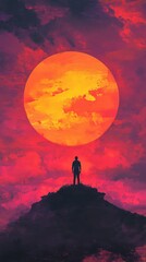 Surreal Landscape with Silhouette of Person Against Vibrant Sunset Sky and Large Sun on Hilltop