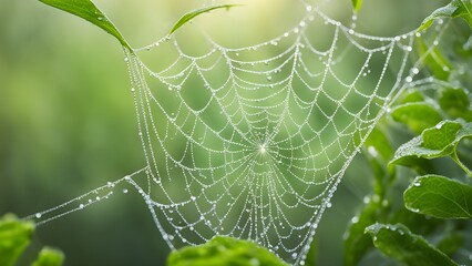 Close-up of a dewy spiderweb glistening in the morning light, delicately draped across vibrant green foliage.