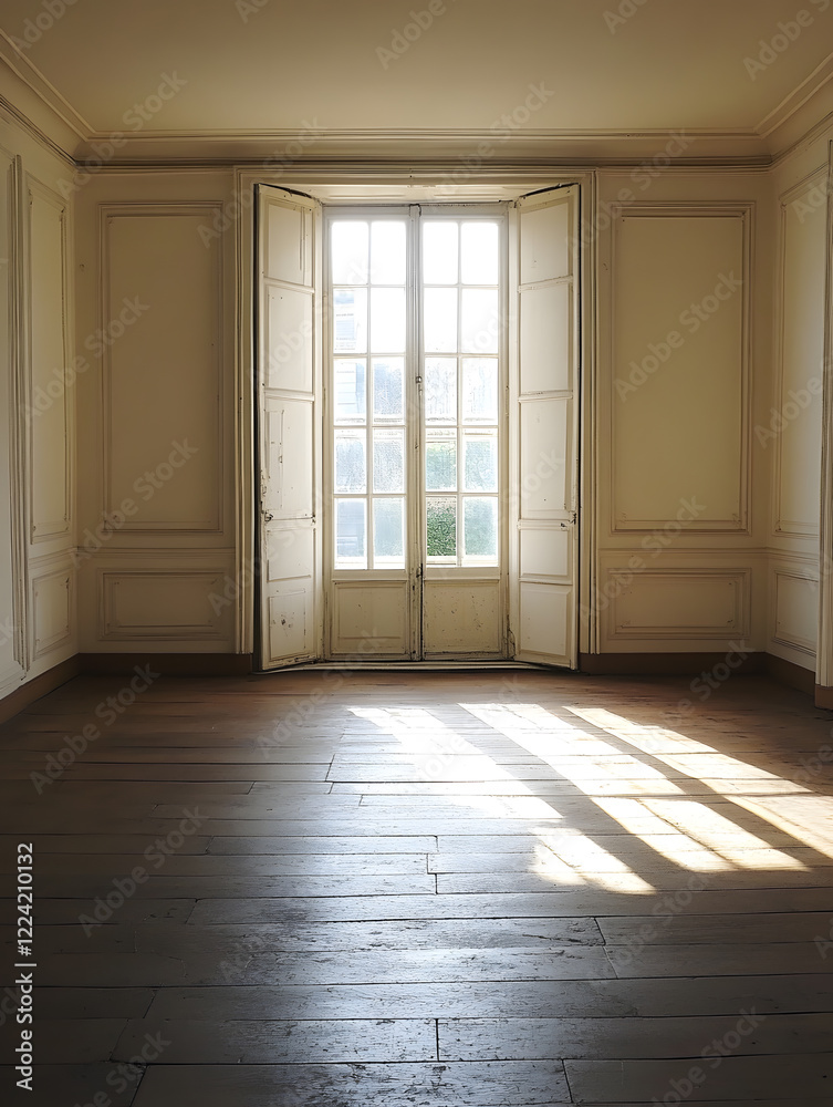 Aufkleber Empty Room With Wooden Floor and Open Window for Minimalistic Interior Design : Generative AI