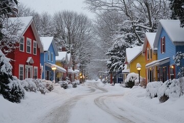 Colorful houses lining a snowy street in winter