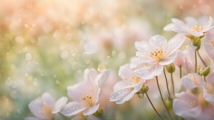 Fototapeta premium Delicate pastel pink flowers with dew drops, bokeh background.