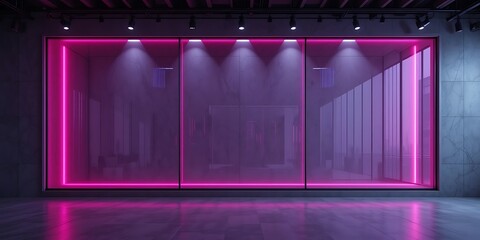 Modern storefront window with neon pink lighting