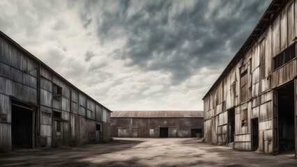Fototapeta premium Moody photo of three dilapidated wooden barns under a dramatic cloudy sky.