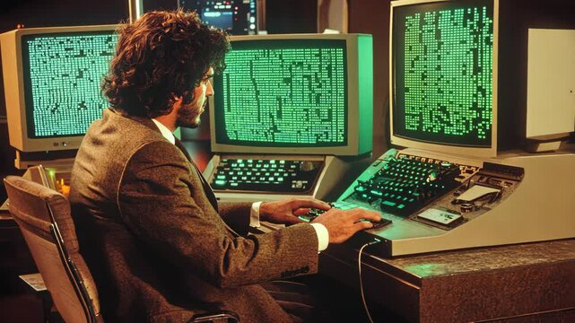 Retro Programmer Working on Vintage Computers with Green Screens in Dark Office