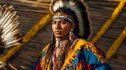 Obraz premium Young Native American Man in Traditional Feathered Headdress and Colorful Regalia : Generative AI