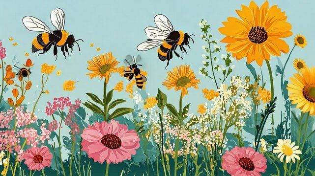 Busy Bees in Wildflower Meadow: A vibrant illustration showcasing bumblebees flitting amidst a profusion of wildflowers, capturing the essence of summer and the beauty of nature's intricate ecosystem.