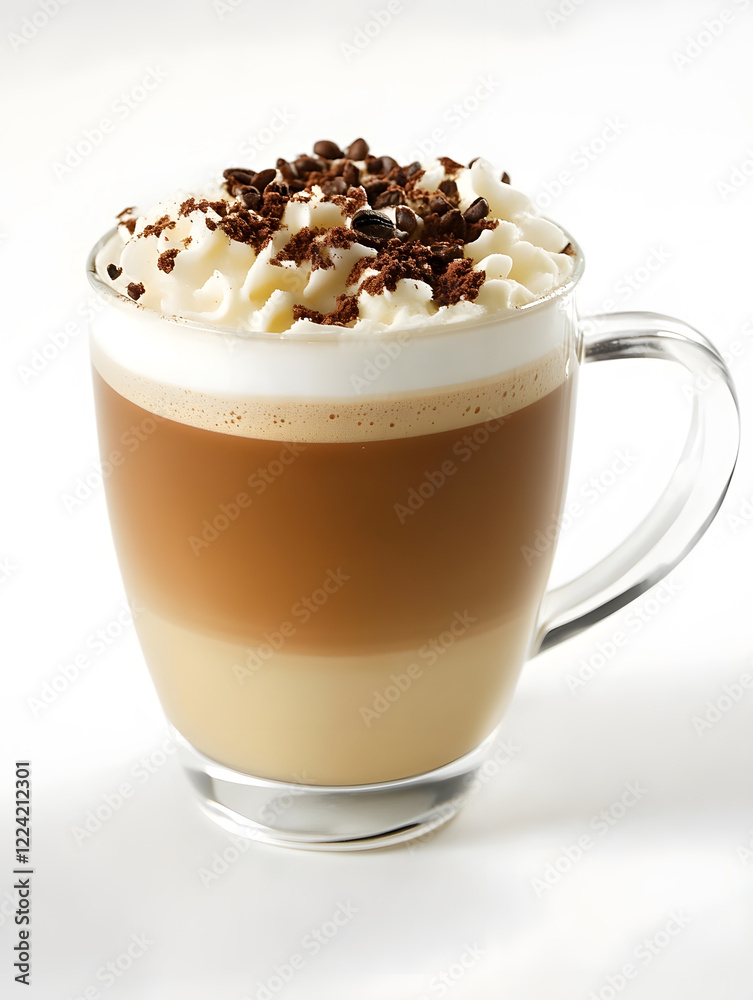 Poster classic latte with whipped cream and chocolate flakes in glass mug on white background : generative 