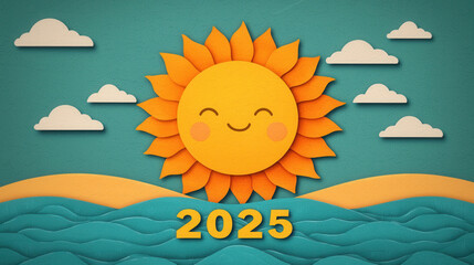 Smiling sun with waves and clouds, vibrant summer vibes 2025