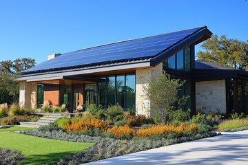 Obraz premium Modern sustainable house with solar panels generating green energy