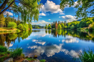 Fototapeta premium Serene lake reflecting clouds and trees.
