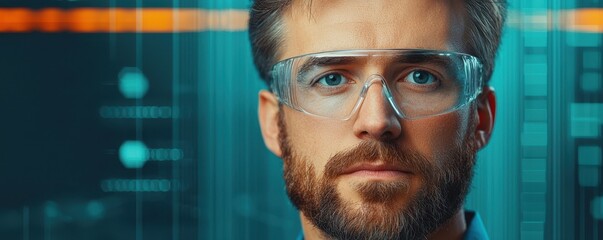 A focused man in safety goggles looks directly at the camera, with a high-tech background suggesting a scientific or technological environment.