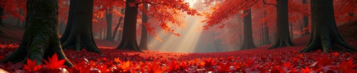 Softly falls crimson maple leaves on forest floor amidst towering trees, forest, leaf, trees
