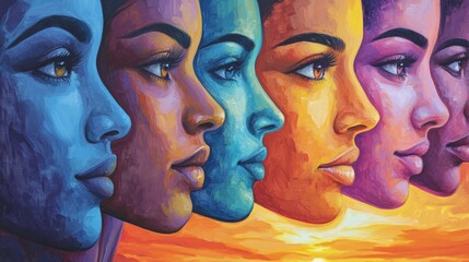 Colorful Artistic Portraits of Diverse Female Faces in Sunset Background