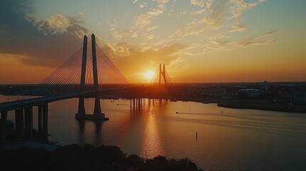 Obraz premium Sunset aerial view of cable-stayed bridge over bay