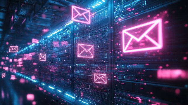 Email icons flowing through futuristic server room visualization
