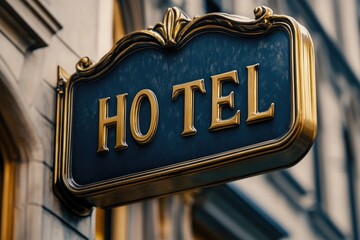 Obraz premium Elegant hotel sign hanging on building facade invites travelers