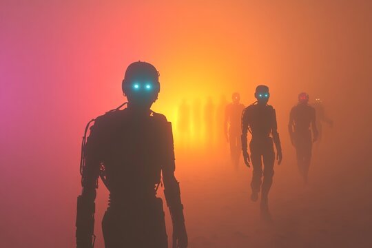 Futuristic Silhouettes of Robots Walking in a Misty, Colorful Fog