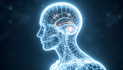 Glowing human head with highlighted brain areas.