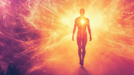 Obraz premium A person is walking in a bright orange light