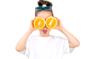 Funny positive girl is wearing a white blank T-shirt. Stylish cute girl with orange, isolated in transparent PNG. Template for design, copy space for logo, text. Front view. Mockup, summer concept.