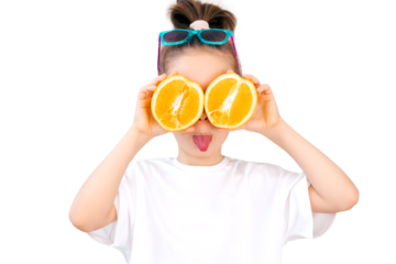 Funny positive girl is wearing a white blank T-shirt. Stylish cute girl with orange, isolated in transparent PNG. Template for design, copy space for logo, text. Front view. Mockup, summer concept.