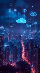 A smart city at night with glowing 5G towers and cloud computing icons hovering above buildings, showcasing IoT connectivity