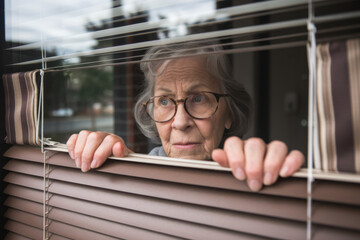 Senior woman stares out suspiciously through her blinds, her fingers separating them
