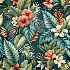 Fototapeta premium Tropical Floral Pattern. Lush Green Leaves and Exotic Flowers