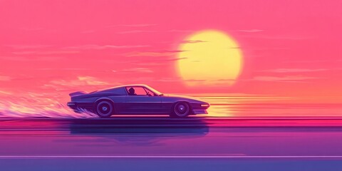 Retro Sports Car Sunset Drive Vibrant Colors Artistic Illustration