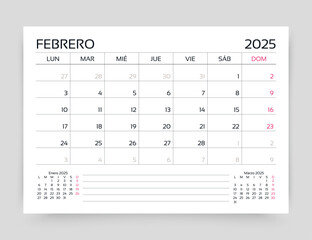February 2025 year Spanish calendar. Planner calender layout. Spain monthly organizer. Timetable template. Table schedule grid. Week starts Monday. Vector simple illustration. Paper size A5