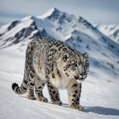 A snow leopard following a faint trail through an endless white mountain landscape.