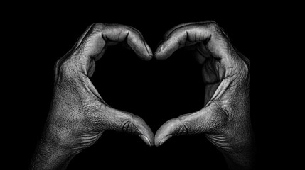 Obraz premium Hands Forming Heart Shape in Monochrome Against Black Background