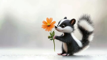 Fototapeta premium Adorable Skunk with Orange Flower